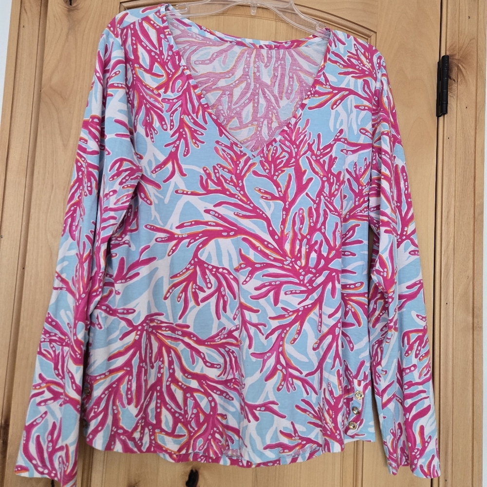 Long Sleeve V-Neck Women’s Top in Light Blue with Pink Coral Print